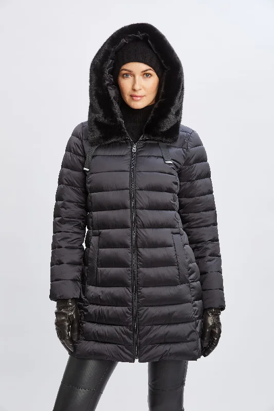 Tahari Faux Fur Collar Puffer Coat Three-Quarter Sleeve Elbow Sleeve Wrist Sleeve
