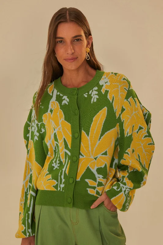 Green Foliage Sketch Knit Cardigan Asymmetrical,ymmetric Pencil Cardigan