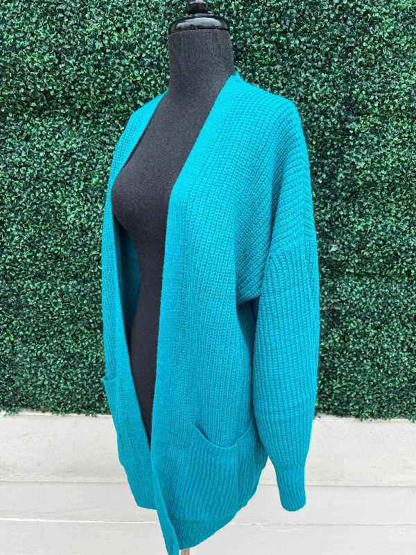 Teal Open Cardigan Solid Print Embellished