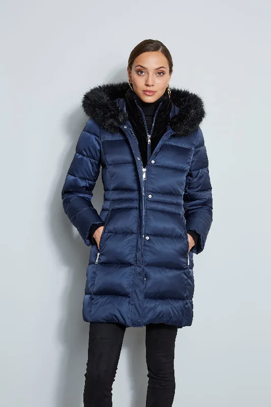 Tahari Stitched Faux Fur Hood Puffer Coat Bolero Crop Top Camisole