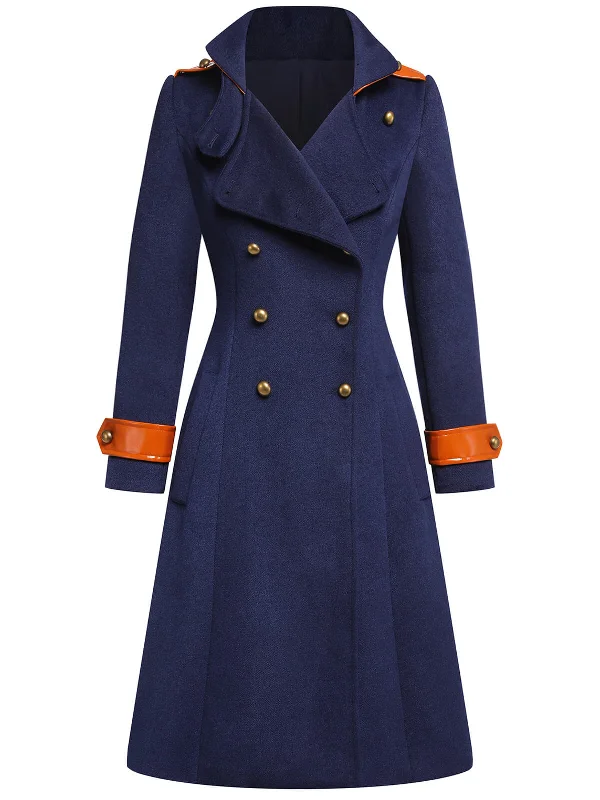 Navy Blue 1940s Patchwork Button Coat Hook-and-Loop Buckled Tied