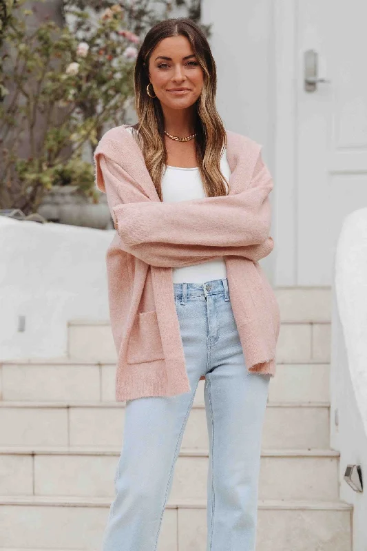 Pink Hooded Sweater Cardigan Glossy Satin Silk