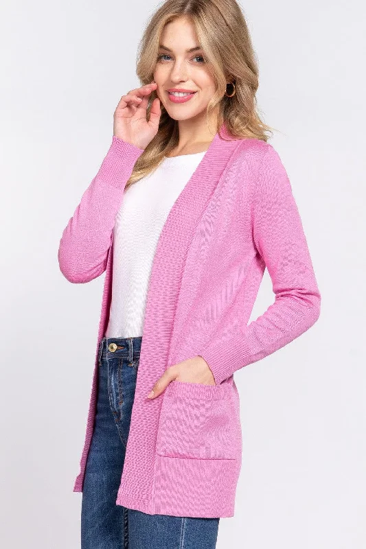 ACTIVE BASIC Ribbed Trim Open Front Cardigan Houndstooth Herringbone Solid