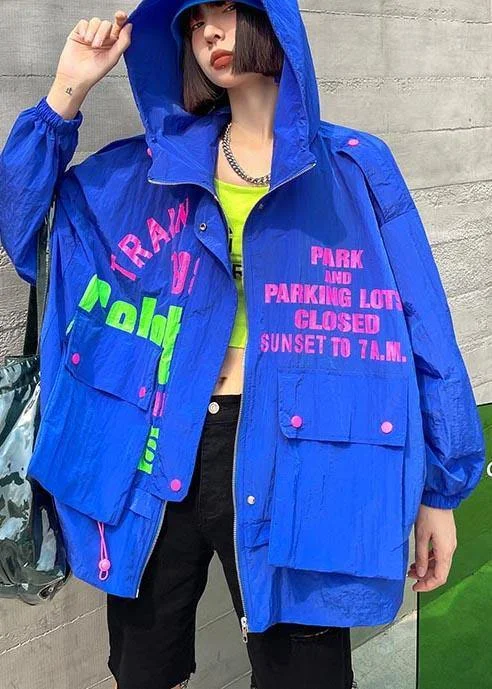Chic Blue Print Pockets zippered Spring Hooded Coat Fitted Loose Oversized