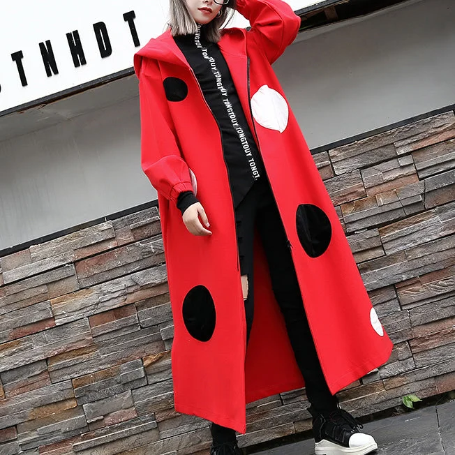 Fine red dotted Coat oversize hooded outwear Fashion side open baggy long coats Rayon Velvet Corduroy Fine red dotted Coat oversize hooded outwear Fashion side open baggy long coats Rayon Velvet Corduroy