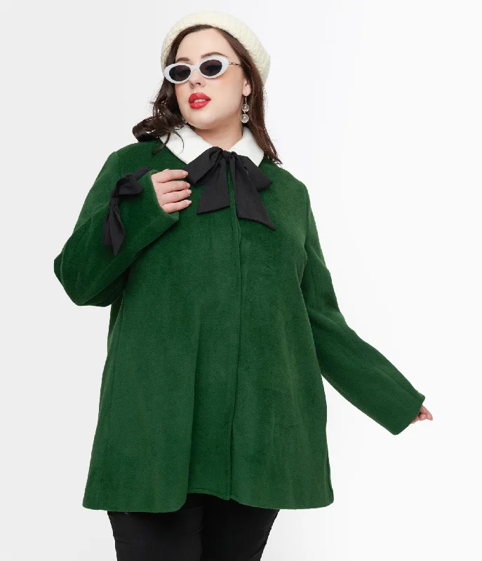 Smak Parlour Plus Size 1960s Green & Black Bows Topper Coat Boat Shawl Notched