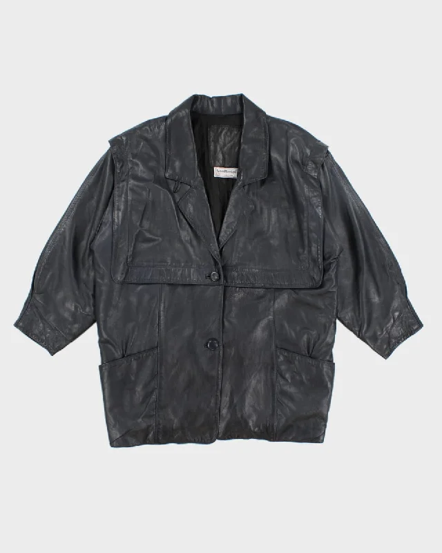 Women's 80's Navy Leather Button Up Coat - M/L Tailored Straight A-Line