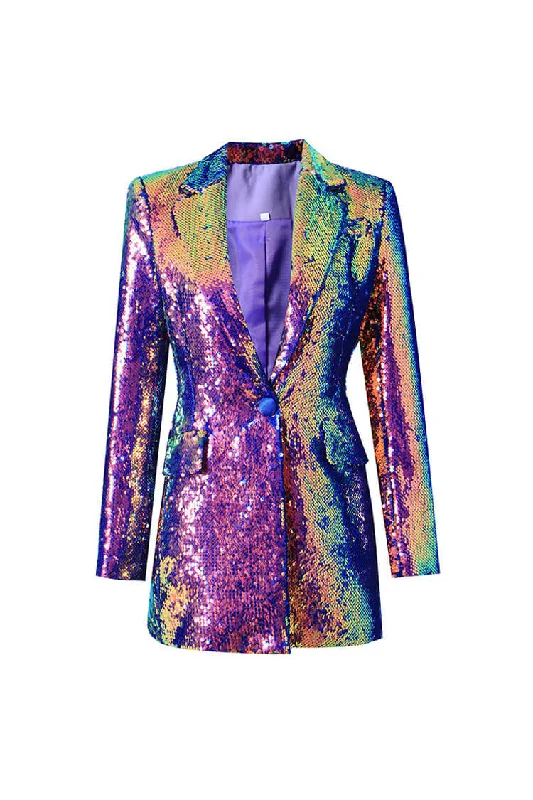 Iridescent Sequin Lapel Collar Long Sleeve Cinch Waist Metallic Party Blazer Women's Premium Blazer Iridescent Sequin Lapel Collar Long Sleeve Cinch Waist Metallic Party Blazer Women's Premium Blazer