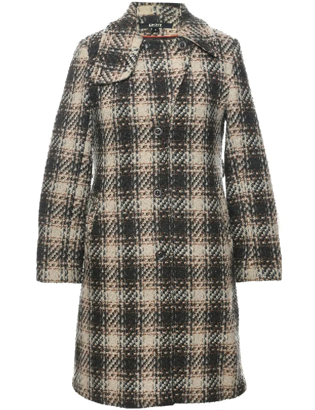 DKNY Checked Pattern Wool Coat - M Sleeveless Short Sleeve Long Sleeve
