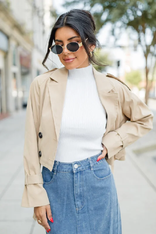 Invest In Me Tan Crop Trench Coat FINAL SALE Collared Crew Neck Turtle Neck