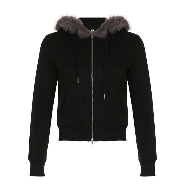 Hoodie long sleeve fluffy zip-up coat top Satin Silk Chiffon