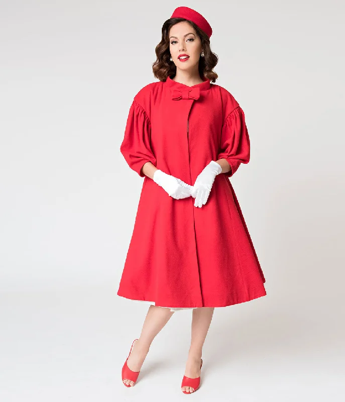 Barbie™ x Unique Vintage 1960s Style Red Flare Swing Coat Down Puffer Quilted