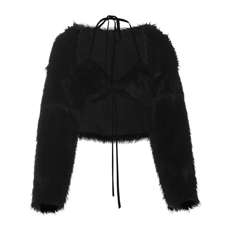Long sleeve halter fluffy 2 piece coat top Coat Overcoat Trench Coat
