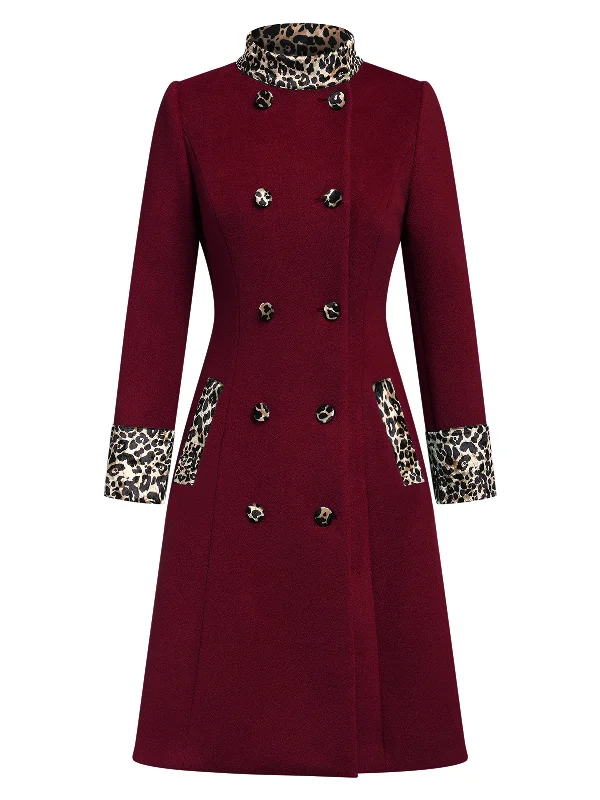Wine Red 1940s Leopard Patchwork Button Coat Trench Raincoat Windbreaker