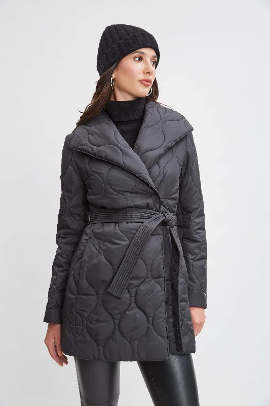 Tahari Lightweight Quilted Wrap Puffer Coat Denim Leather Suede
