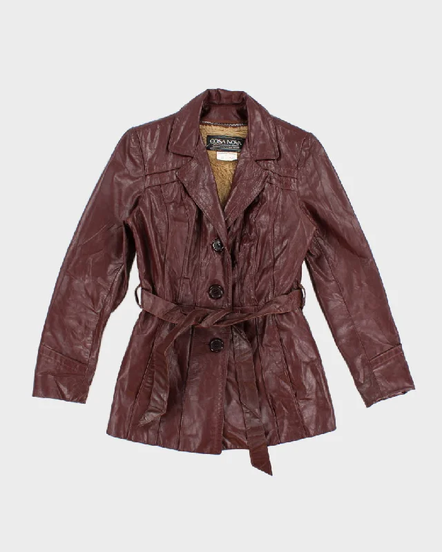 Vintage Cosa Nova Belted Sherpa Lined Burgundy Leather Coat - S Boat Neck Jacket Square Neck Jacket One-Shoulder Jacket