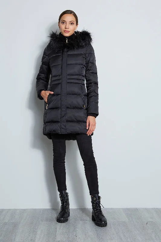 Tahari Stitched Faux Fur Hood Puffer Coat Trapeze Tunic Caftan