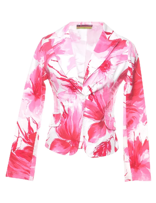 Floral Pattern Pink & White Blazer - S Women's Elegant Suit