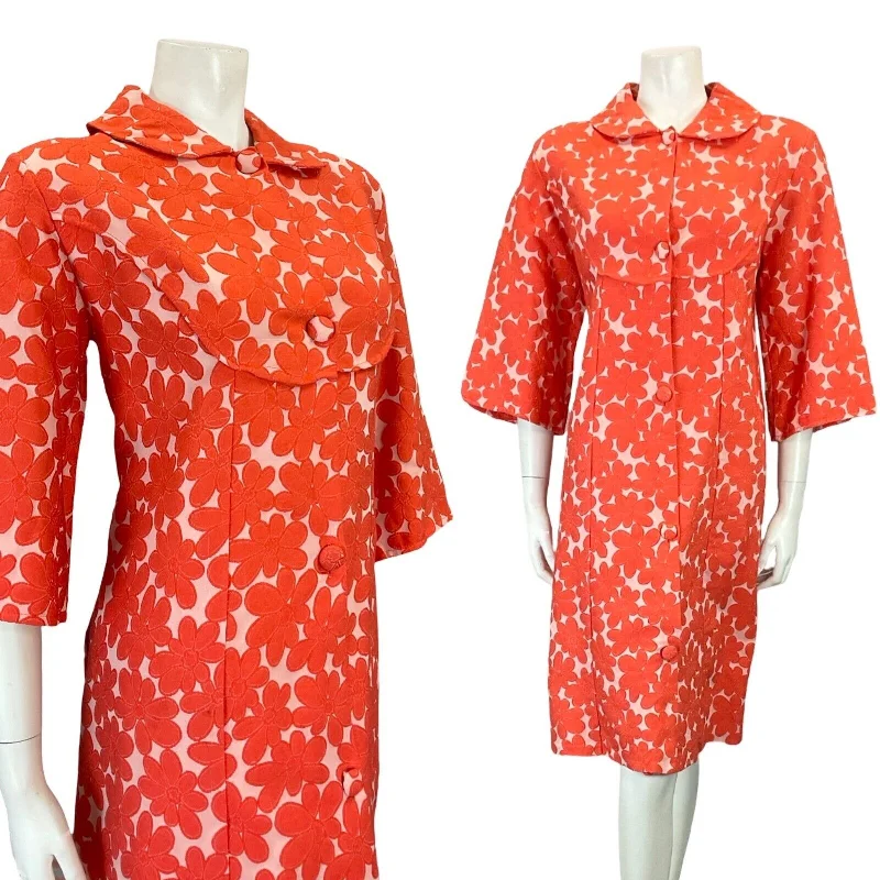 VTG 60S ORANGE MOD FLORAL PETER PAN COLLAR BUTTON DOWN TENT COAT DRESS 12 14 Mesh Canvas Denim