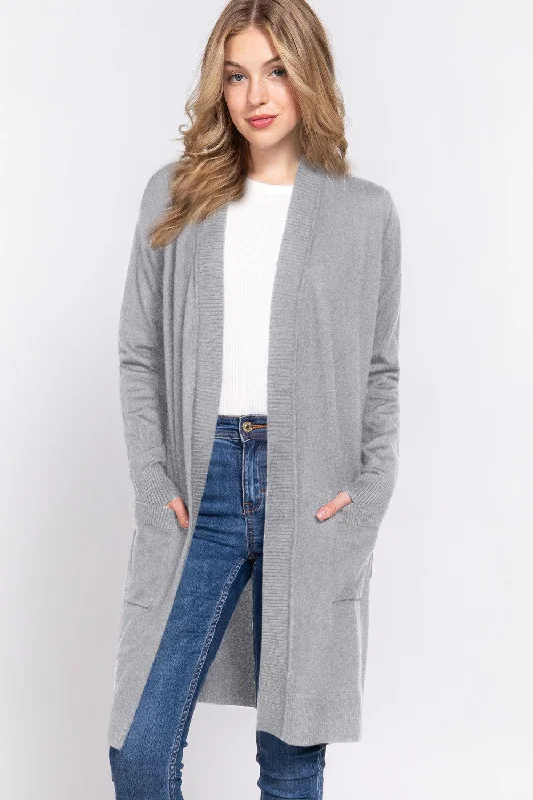 ACTIVE BASIC Open Front Rib Trim Long Sleeve Knit Cardigan Print Jacquard Patchwork