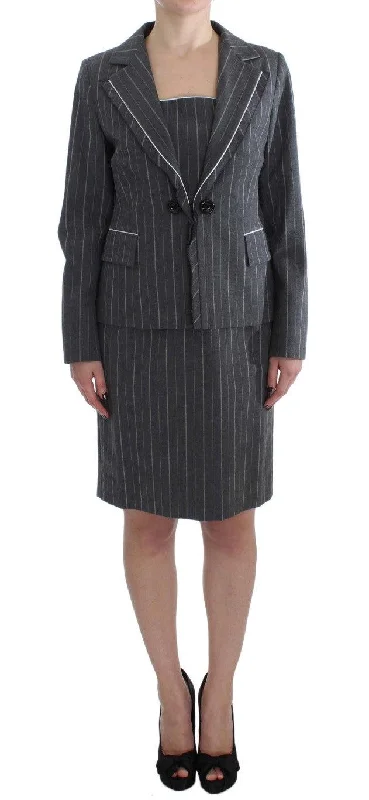 BENCIVENGA Elegant Gray Striped Dress & Blazer Suit Set Women's Classic Blazer