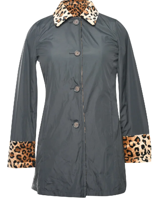 Reversible Faux Fur Leopard Print 1990s Trench Coat - M Tie-Waist Belted Drawstring
