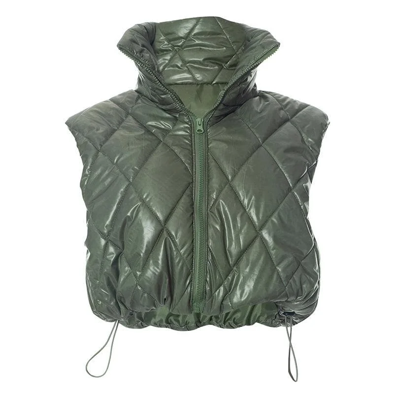 Turnover collar zip-up drawstring sleeveless coat top Vent Hem Cuff
