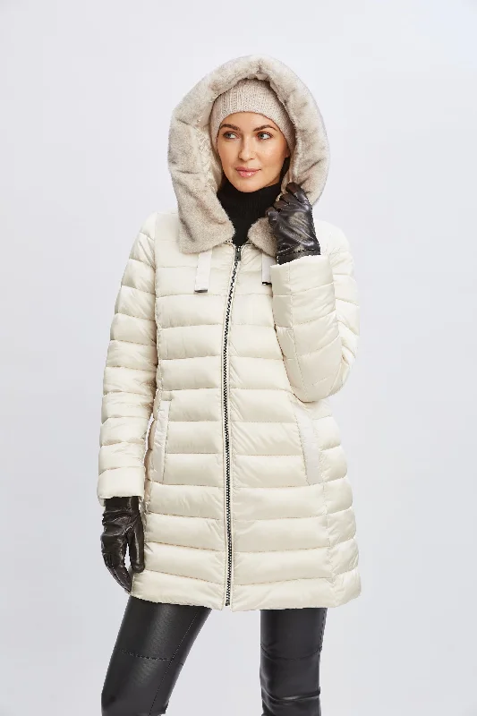 Tahari Faux Fur Collar Puffer Coat Asymmetrical Diagonal princess