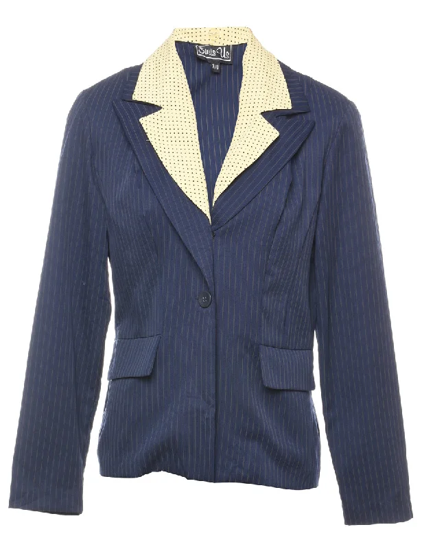 Striped Navy & Cream Blazer - L Women's Elegant Jacket