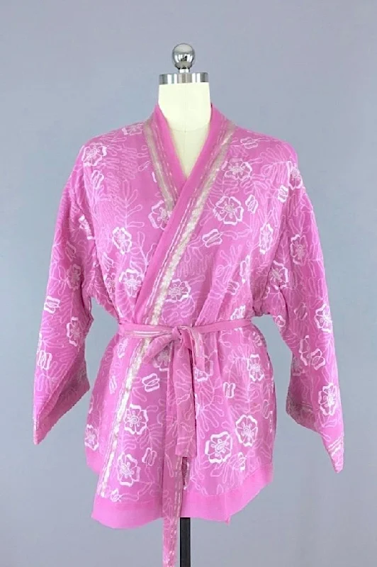 Embroidered Pink and Silver Silk Chiffon Kimono Cardigan made from a Vintage Indian Sari Print Jacquard Patchwork