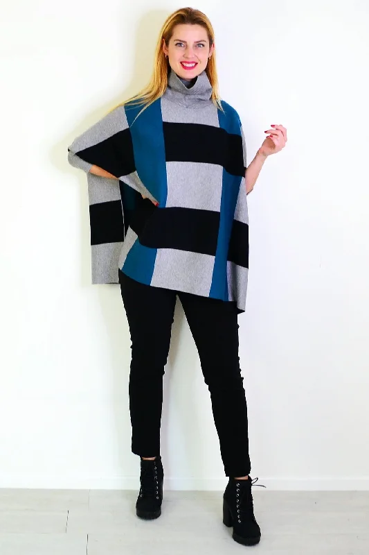 Teal Black Free Size Cardigan Poncho Transparent Opaque Sheer
