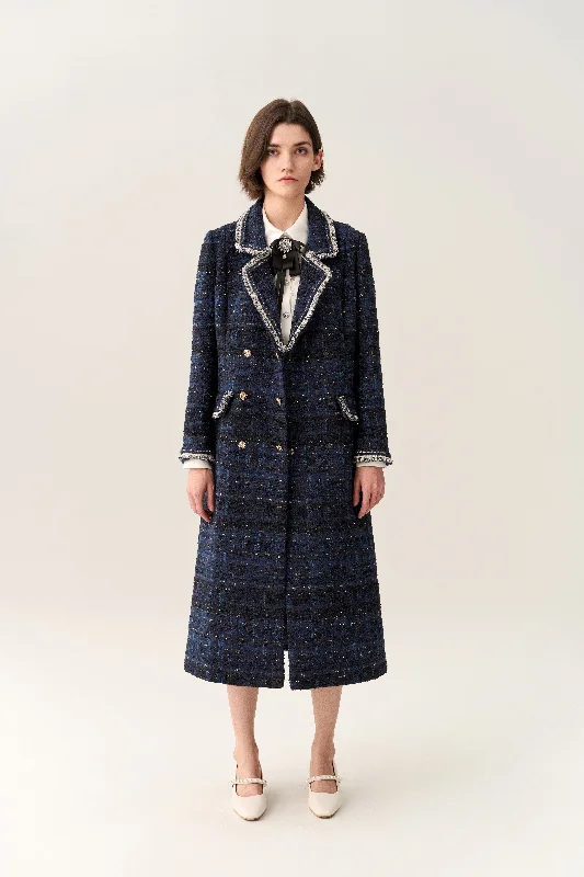 Notched-lapel Double-breasted Maxi Coat Chenille Brocade Lace