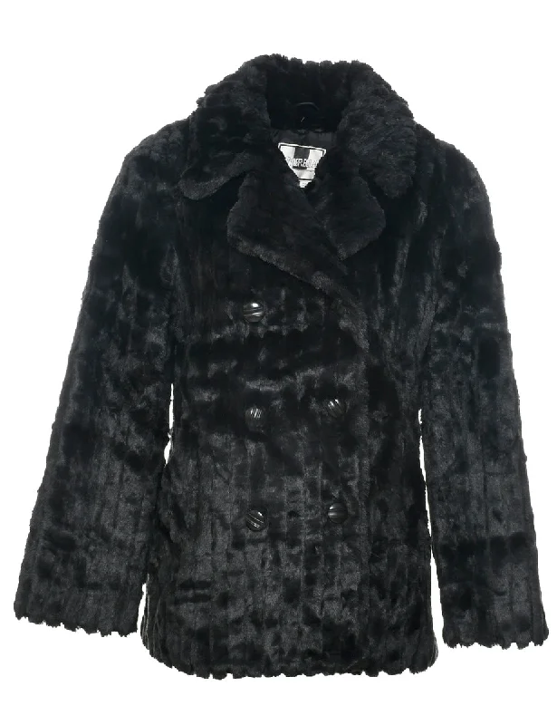 Black Faux Fur Coat - L Peter Pan Collar Cowl Neck Turtleneck