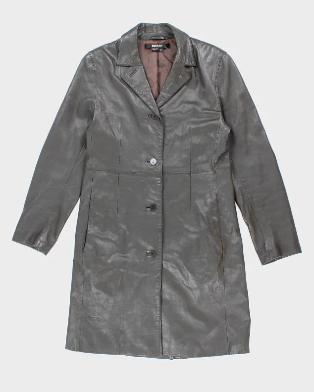 DKNY Dreamy Green Leather Coat - S Wool Cashmere Tweed