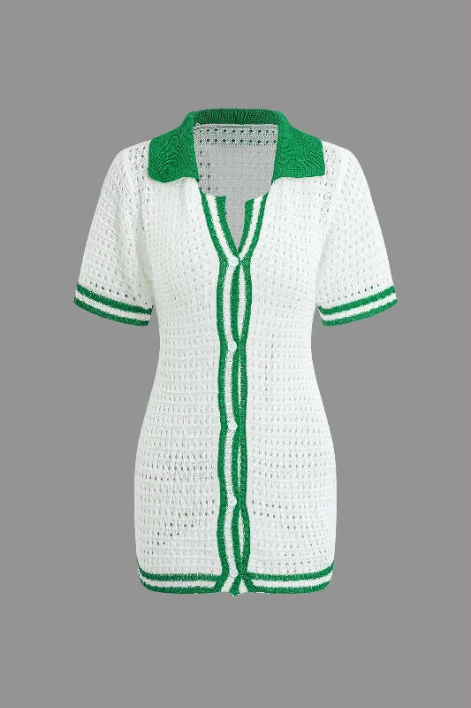 Contrast Button Up Short Sleeve Cardigan Hollow Out Knit Mini Dress Transparent Opaque Sheer