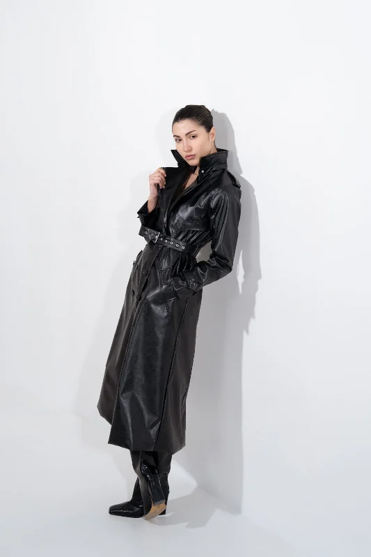 JET BLACK FAUX LEATHER TRENCH COAT Print Jacquard Embroidered