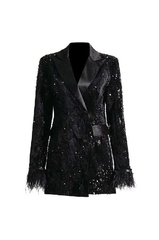 Silky Satin Lapel Feather Trim Long Sleeve Cinch Waist Sequin Party Blazer Women's Elegant Suit Silky Satin Lapel Feather Trim Long Sleeve Cinch Waist Sequin Party Blazer Women's Elegant Suit