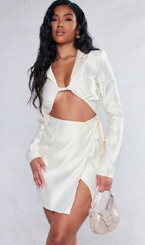Cream Satin Twist Front Cut Out Blazer Style Dress Women's Luxurious Jacket