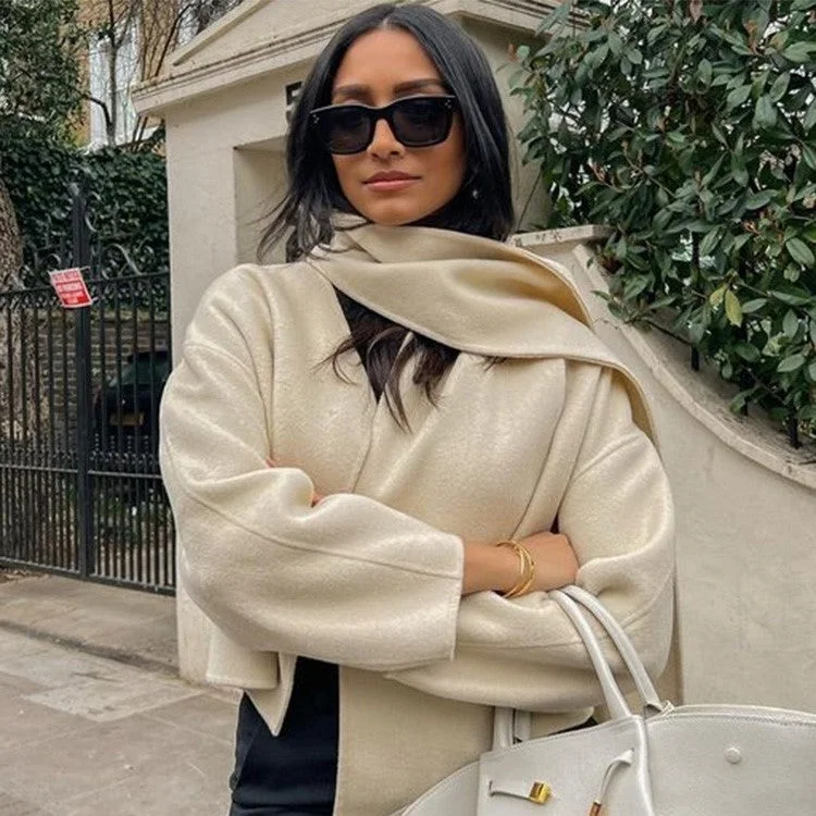 Women's Fashion Solid Color Scarf Woolen Coat Blazer Duffle Coat Pea Coat