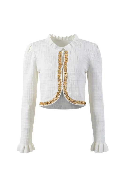 Sparkly Embellished Ruffle Trim Long Sleeve Ice Silk Knit Crop Cardigan Zippered Buttoned Snapped Sparkly Embellished Ruffle Trim Long Sleeve Ice Silk Knit Crop Cardigan Zippered Buttoned Snapped