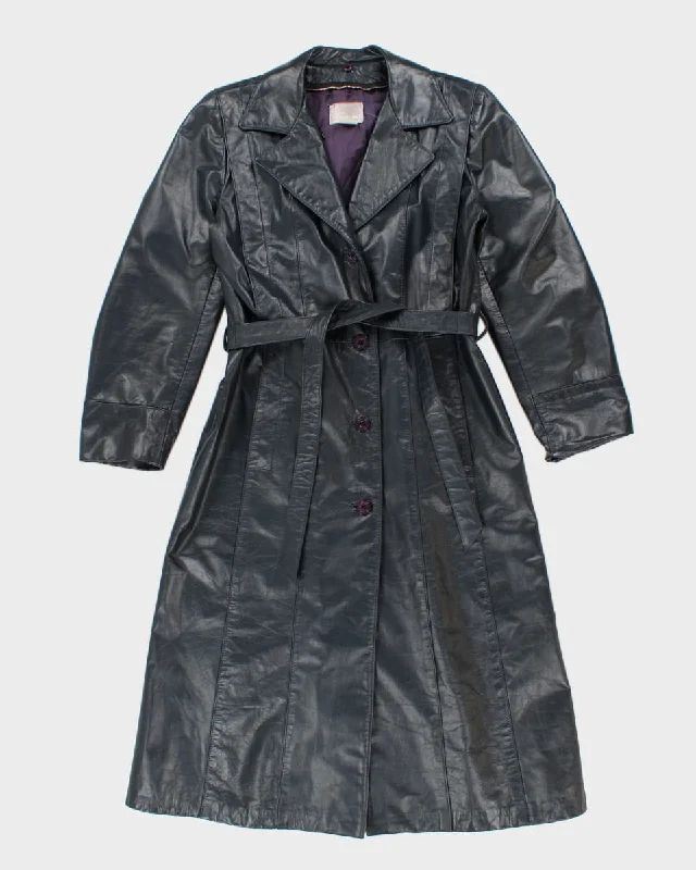 Vintage Sears Navy Leather Belted Coat - M Crew Neck V-Neck Boat Neck