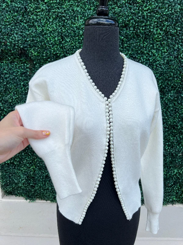 White Pearl Trim Cardigan Velvet Chenille Corduroy