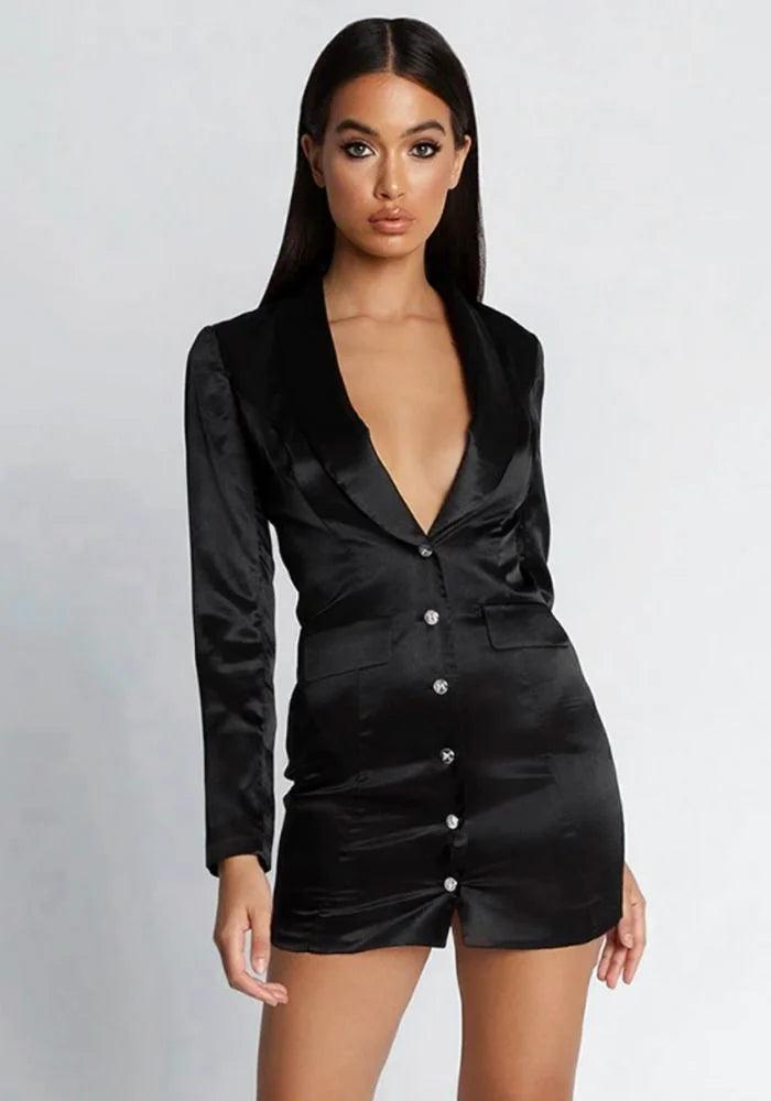 Satin Black Blazer Dress Women's Professional Jacket
