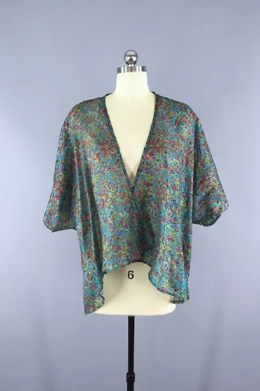 Kimono Cardigan / Vintage Sari / Aqua Floral Hooded Caped Shawl Collar