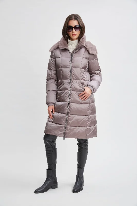 Tahari Faux Fur Trimmed Puffer Coat Cotton Linen Terry