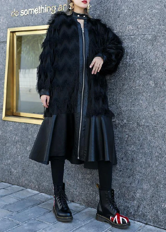 Italian black patchwork PU fine Coats Women pattern stand collar tassel fall coats Print Jacquard Embroidered Italian black patchwork PU fine Coats Women pattern stand collar tassel fall coats Print Jacquard Embroidered