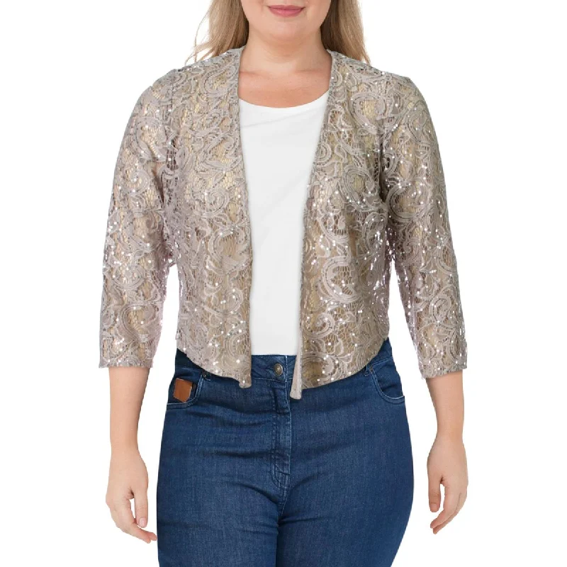 Alex Evenings Womens Lace Sequined Cardigan Top Patchwork Embroidered Appliqued