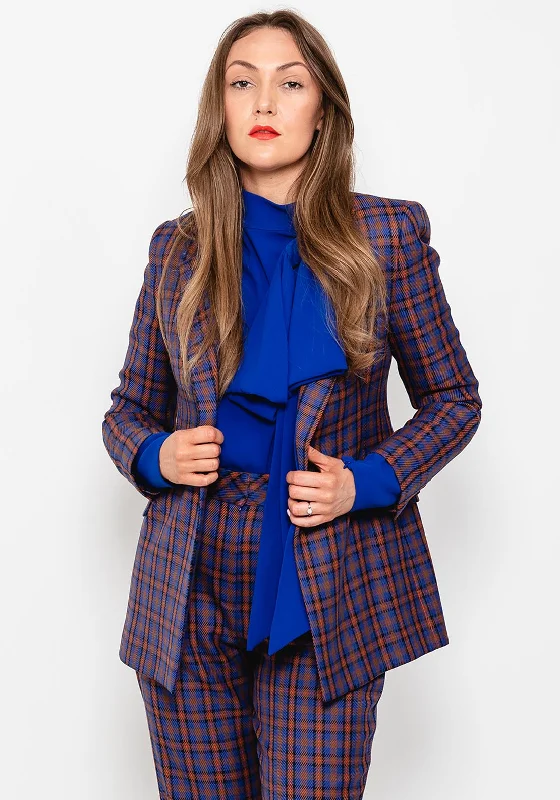 Exquise Tartan Double Breasted Blazer, Blue & Tan Multi Women's Lightweight Blazer