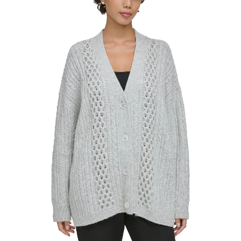 Donna Karan Womens   Cable Knit Embellished Cardigan Sweater Print Jacquard Patchwork
