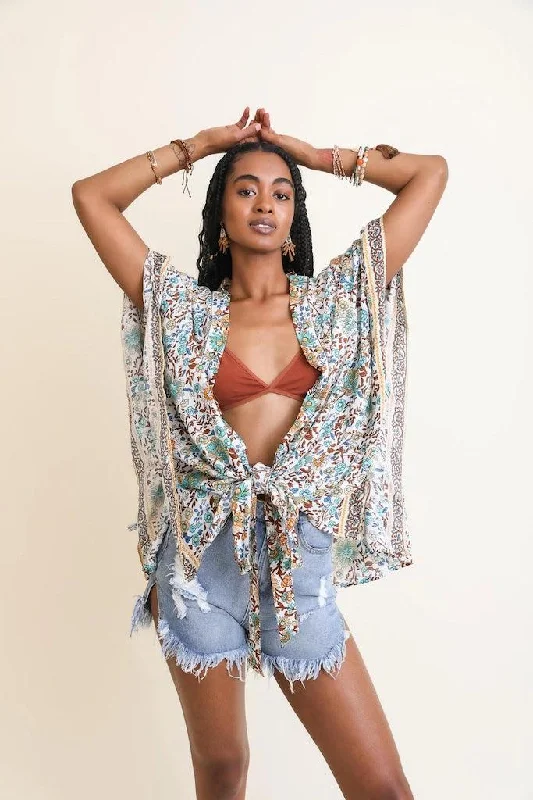 Ivory Floral Print Kimono Cardigan Top Striped Floral Plaid